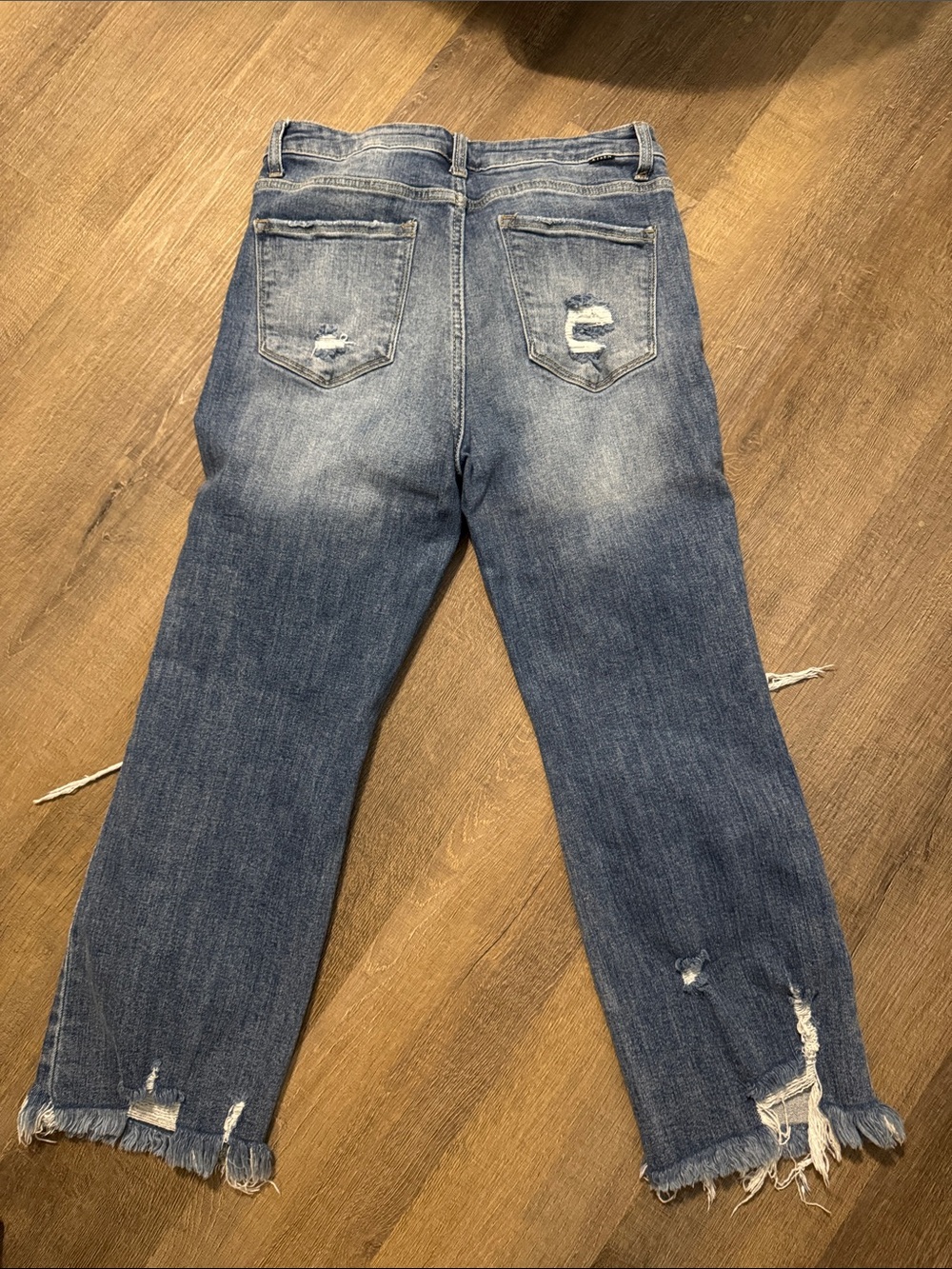 Women’s Risen Distressed Mid-Blue Boyfriend Jeans with Frayed Hem - Picture 5 of 5